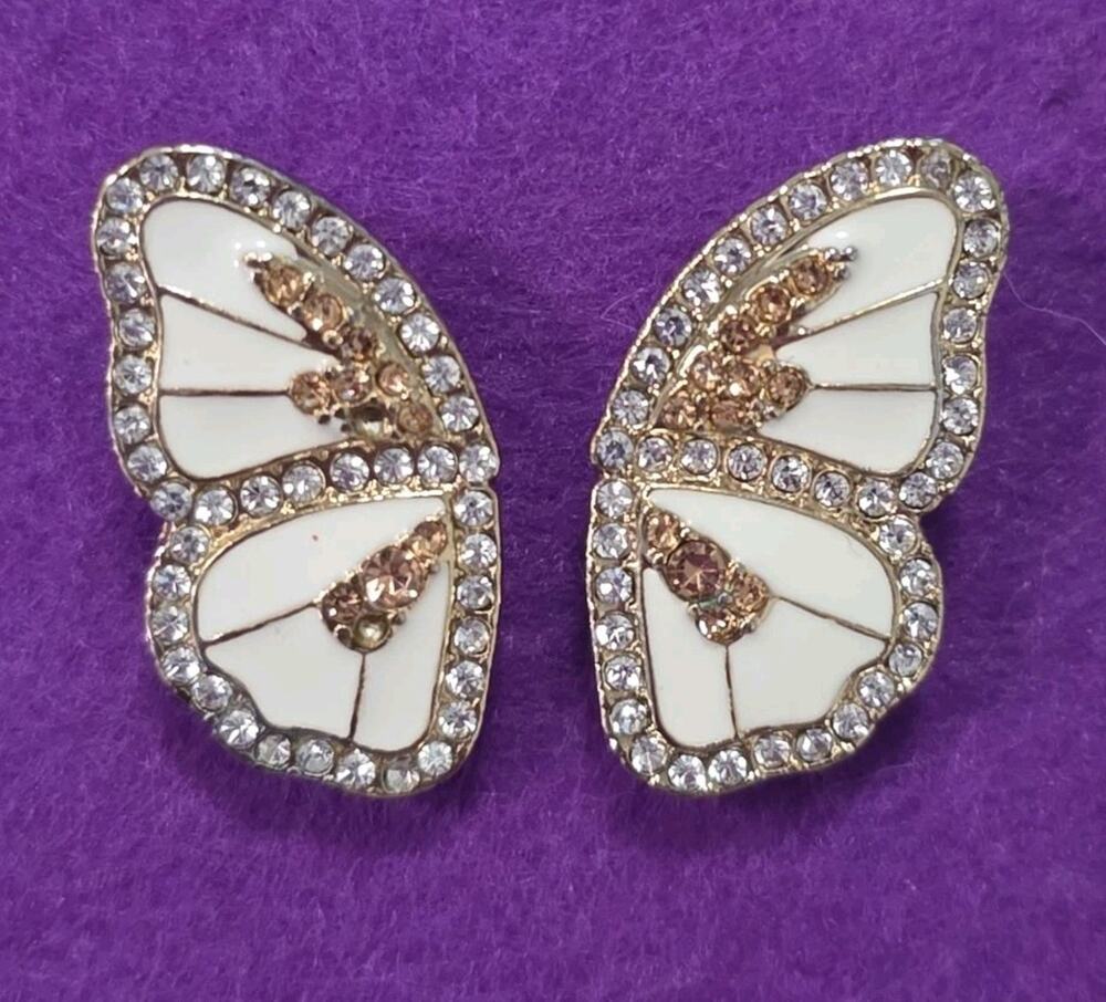 Baublebar Signed Butterfly Wing Earrings White Peach Clear Rhinestones Gold Tone